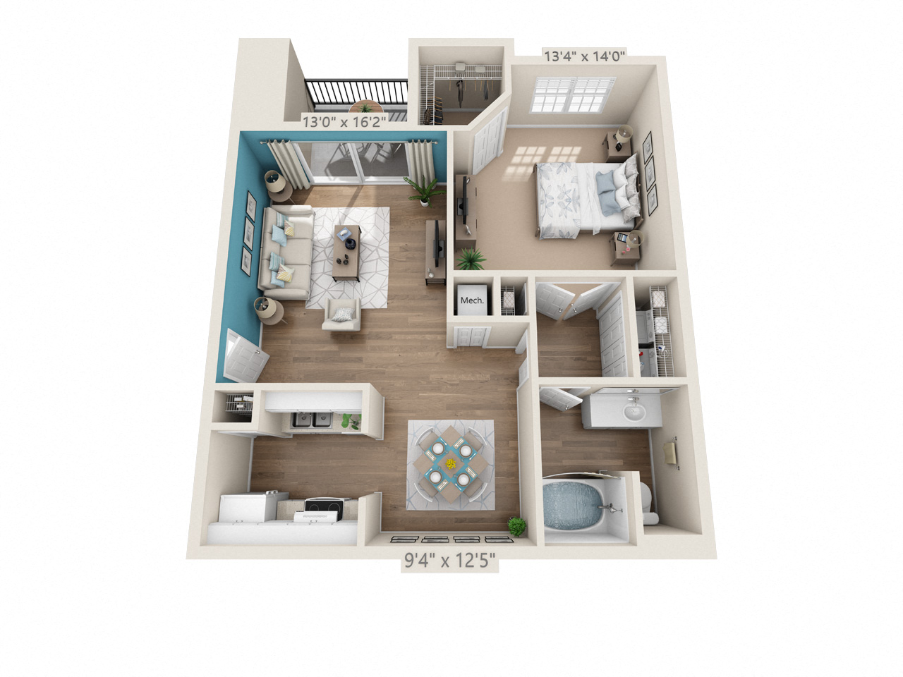 Floor plan for 1 bed, 1 bath, 798 sqft
